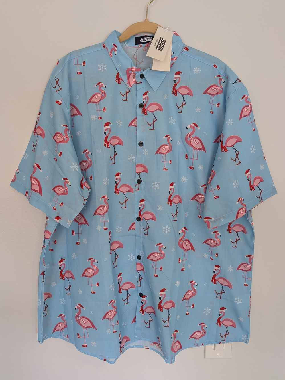 Jogal Christmas Flamingo Holiday Santa Hat Button Down Shirt Men's Size 3XL
